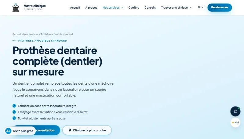 Site web de clinique de denturologie : page traitement