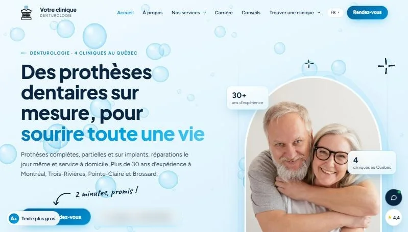 Site web de clinique de denturologie : accueil