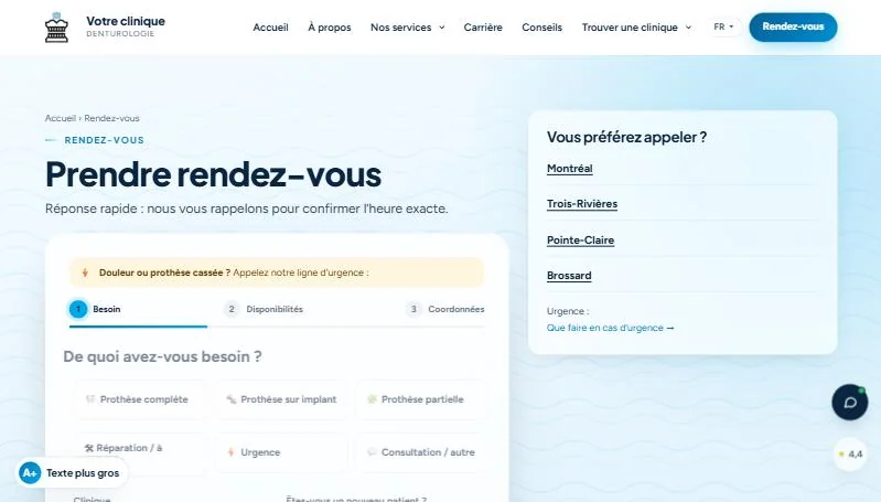 Site web de clinique de denturologie : prise de rendez-vous