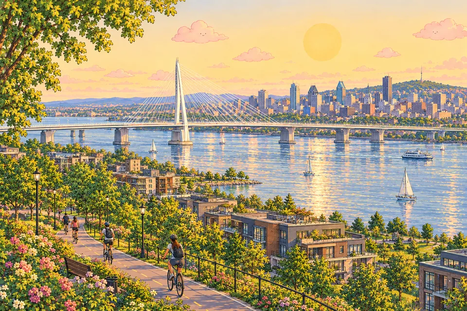Carte postale illustrée de la Rive-Sud : pont Samuel-De Champlain